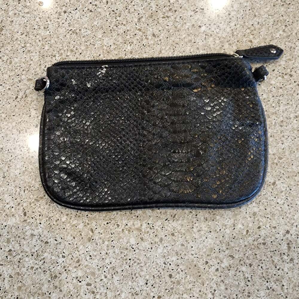 Kathy Van Zeeland Black Faux Snake Embossed Zippered Pouch Clutch